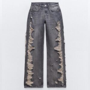 ZARA TRF MID-RISE WIDE LEG RIPPED JEANS